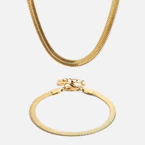 Platte Snake Ketting + Armband 18K Goldplated 4 mm