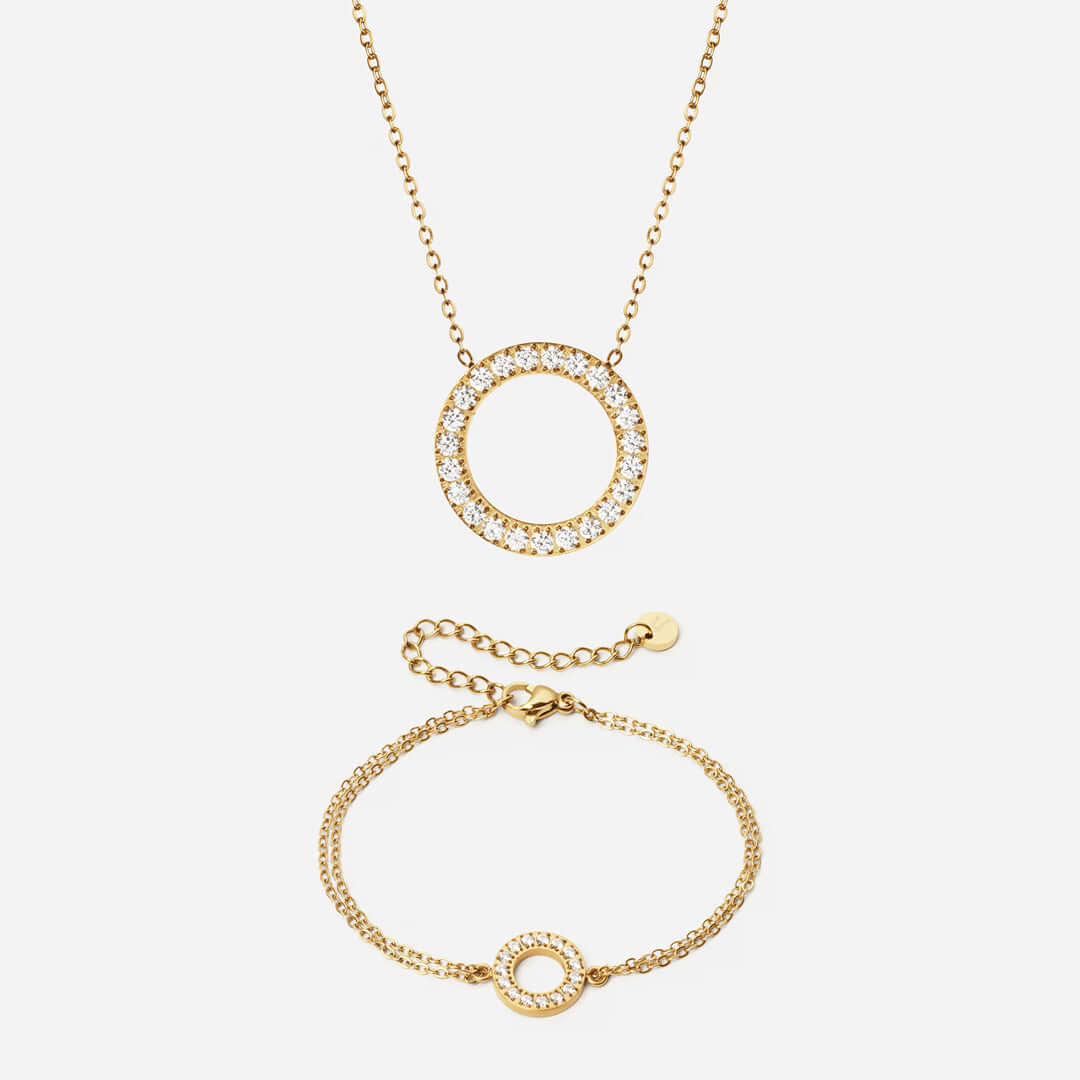 Circle Zirkonia Ketting 20 mm + Armband 12 mm 18K Goldplated