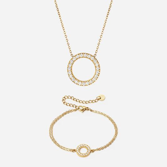 Circle Zirkonia Ketting 20 mm + Armband 12 mm 18K Goldplated