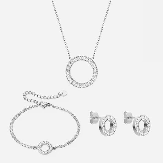 Circle Zirkonia Ketting 20 mm + Armband 12 mm Zilverkleurig + Oorbellen 10 mm Zilverkleurig