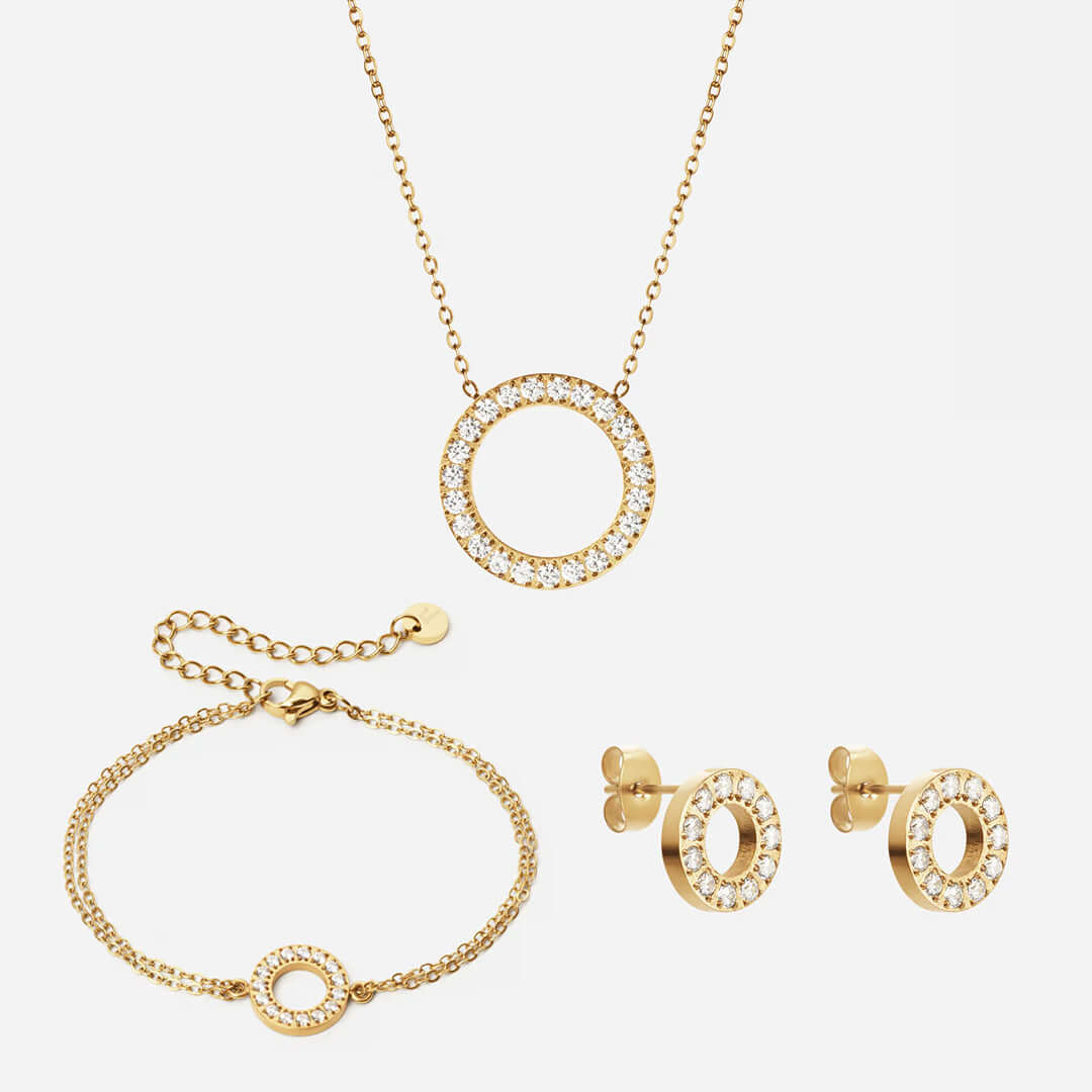 Circle Zirkonia Ketting 20 mm + Armband 12 mm + Oorbellen 10 mm 18K Goldplated