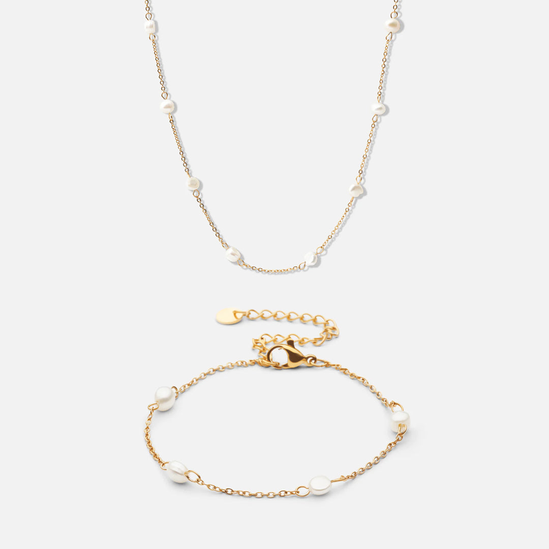 Dot parelketting + Dot parelarmband met zoetwaterparels 18K goldplated - Josephine Nord