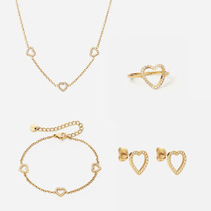 Heart Zirkonia Trio Ketting + Armband + Oorbellen + Ring 18K Goldplated 12 mm