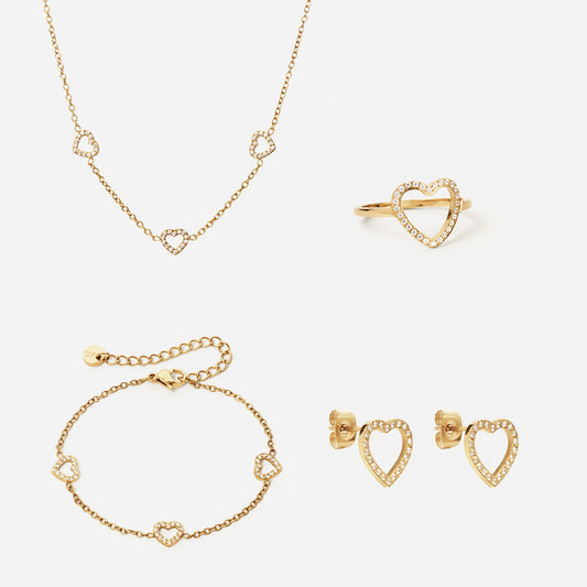 Heart Zirkonia Trio Ketting + Armband + Oorbellen + Ring 18K Goldplated 12 mm