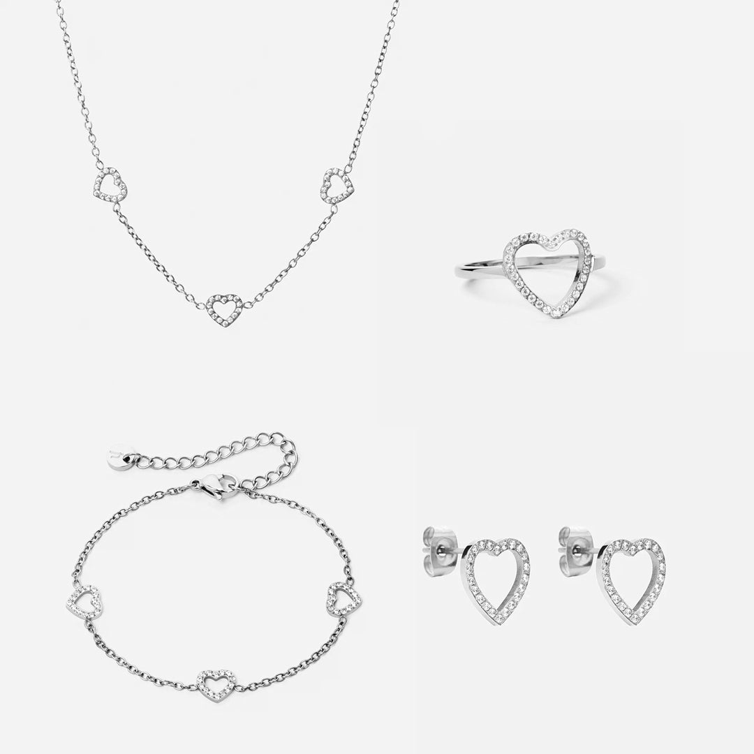 Heart Zirkonia Trio Ketting + Armband + Oorbellen + Ring Zilverkleurig 12 mm