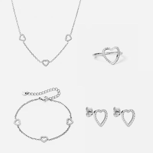 Heart Zirkonia Trio Ketting + Armband + Oorbellen + Ring Zilverkleurig 12 mm