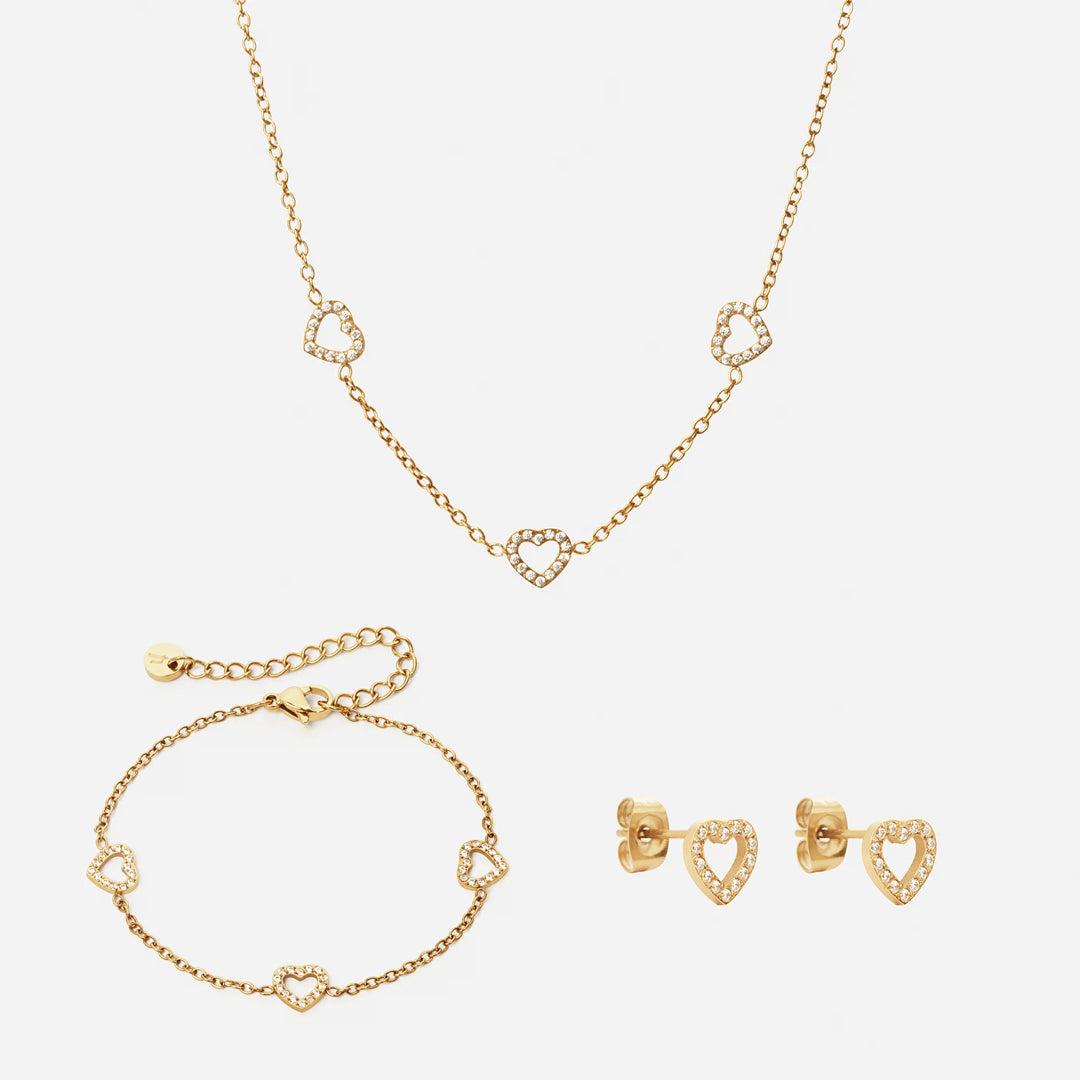 Heart Zirkonia Trio Ketting + Armband + Oorbellen 18K Goldplated 8 mm