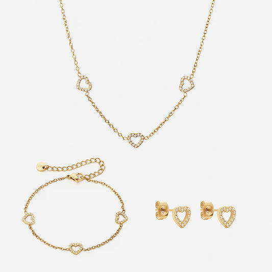 Heart Zirkonia Trio Ketting + Armband + Oorbellen 18K Goldplated 8 mm