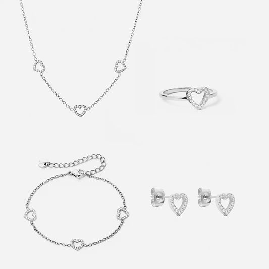 Heart Zirkonia Trio Ketting + Armband + Oorbellen + Ring Zilverkleurig 8 mm