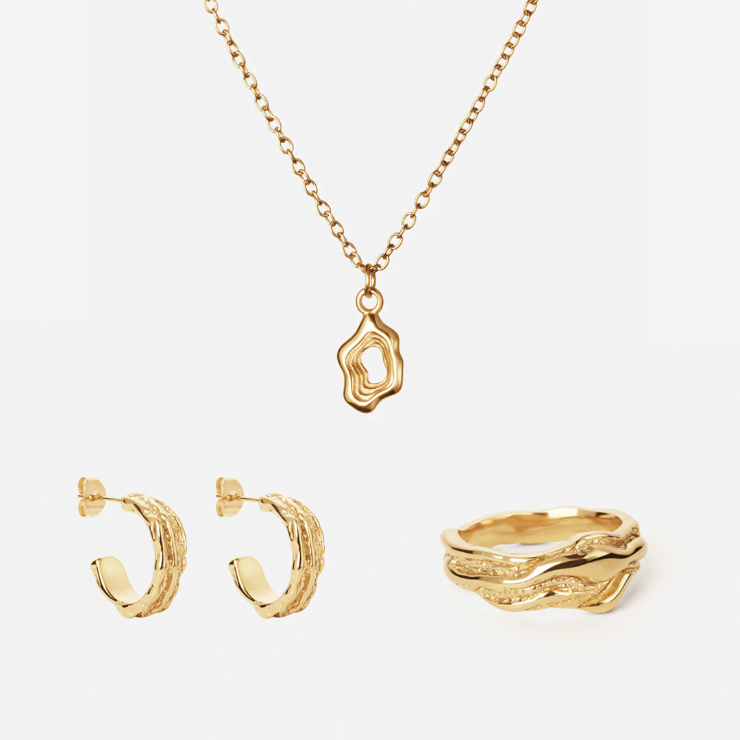 Lava Frame Ketting + Ring + Oorbellen 18K Goldplated