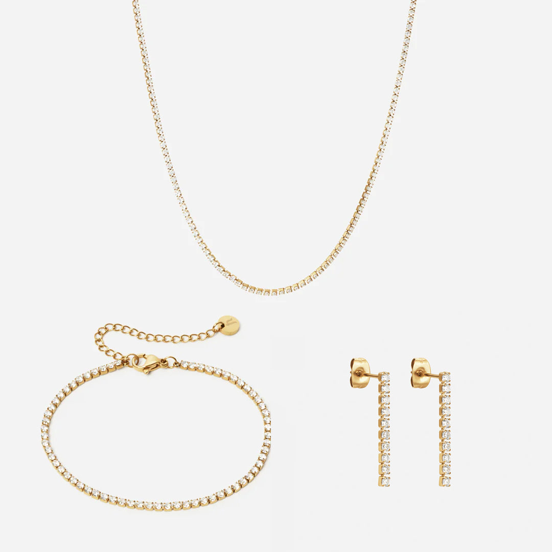 Zirkonia Tennisarmband + Ketting + Oorbellen 24 mm 18K Goldplated