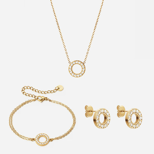 Circle Zirkonia Ketting 12 mm + Armband 12 mm + Oorbellen 10 mm 18K Goldplated