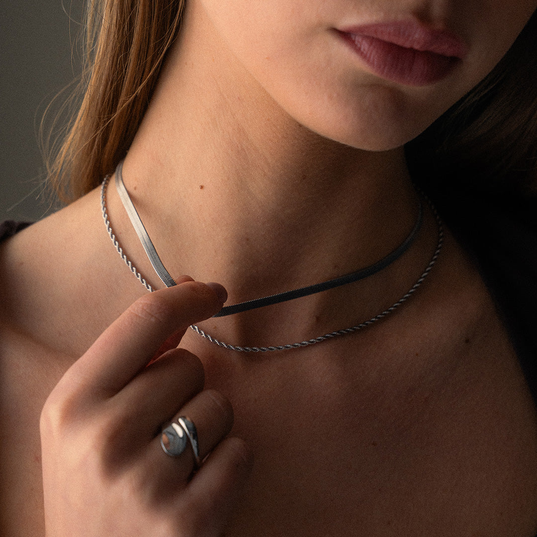 Twisted Rope + Platte Snake Ketting Zilverkleurig