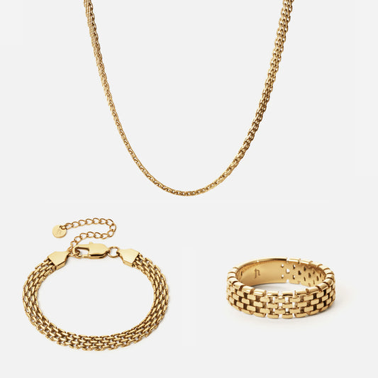 Mesh Ketting + Armband + Ring 18K Goldplated 6 mm