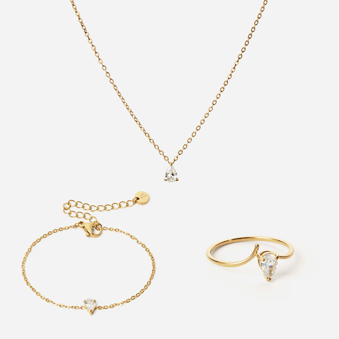 Ice Drop Zirkonia Ring + Armband + Ketting 18K Goldplated