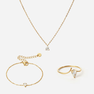 Ice Drop Zirkonia Ring + Armband + Ketting 18K Goldplated