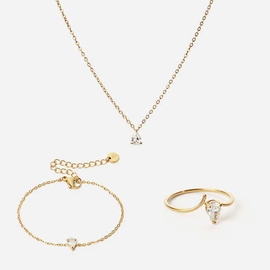 Ice Drop Zirkonia Ring + Armband + Ketting 18K Goldplated