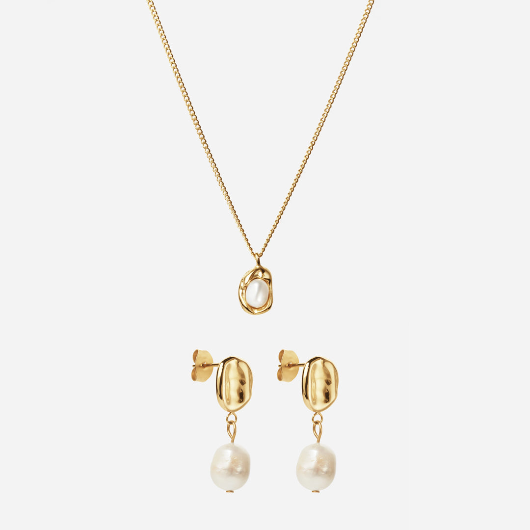 Melted Parelketting + Melted Drop Oorbellen met Parel 18K Goldplated