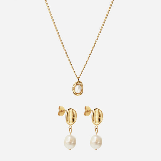 Melted Parelketting + Melted Drop Oorbellen met Parel 18K Goldplated