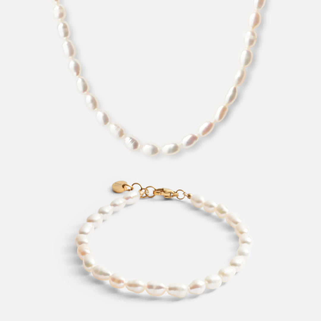 Parelketting + parelarmband 18K goldplated - Josephine Nord