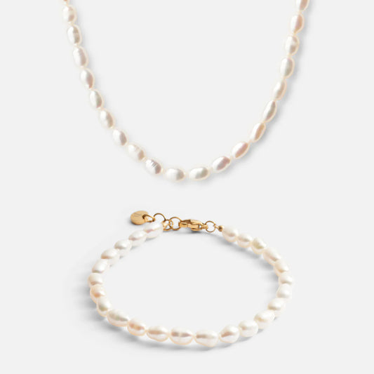 Parelketting + parelarmband 18K goldplated - Josephine Nord