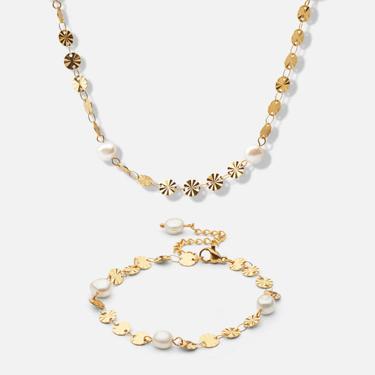 Sun parelketting met zoetwaterparels + armband 18K goldplated - Josephine Nord